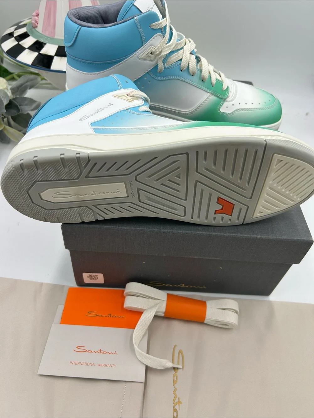 Men's Santoni Men's High-Top Sneakers in Green, Blue & White size 11 made Italy - Picture 7 of 9
